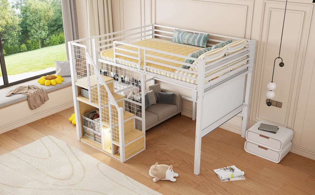 LETTO A CASTELLO 140x200 in metallo bianco con scala e ripiani