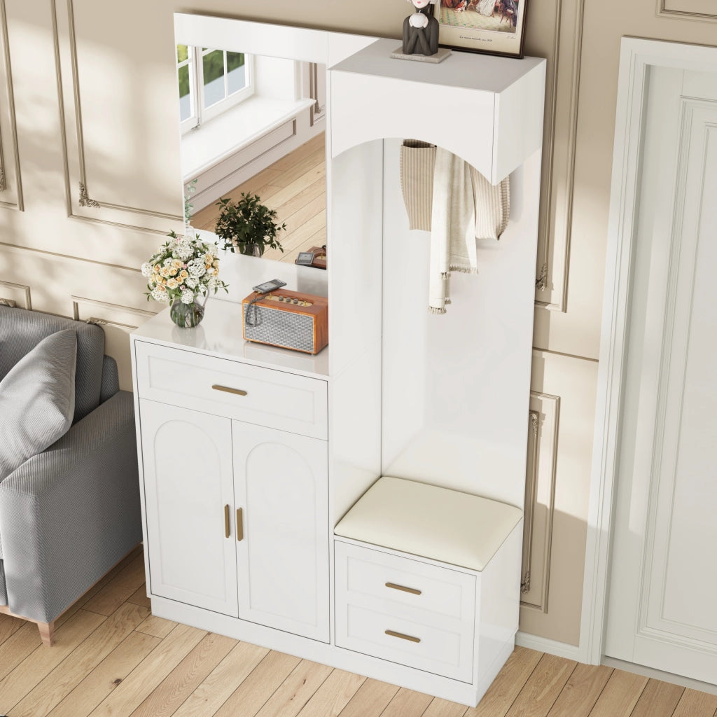 Set mobili ingresso con guardaroba, scarpiera, specchio e panca, in MDF Bianco