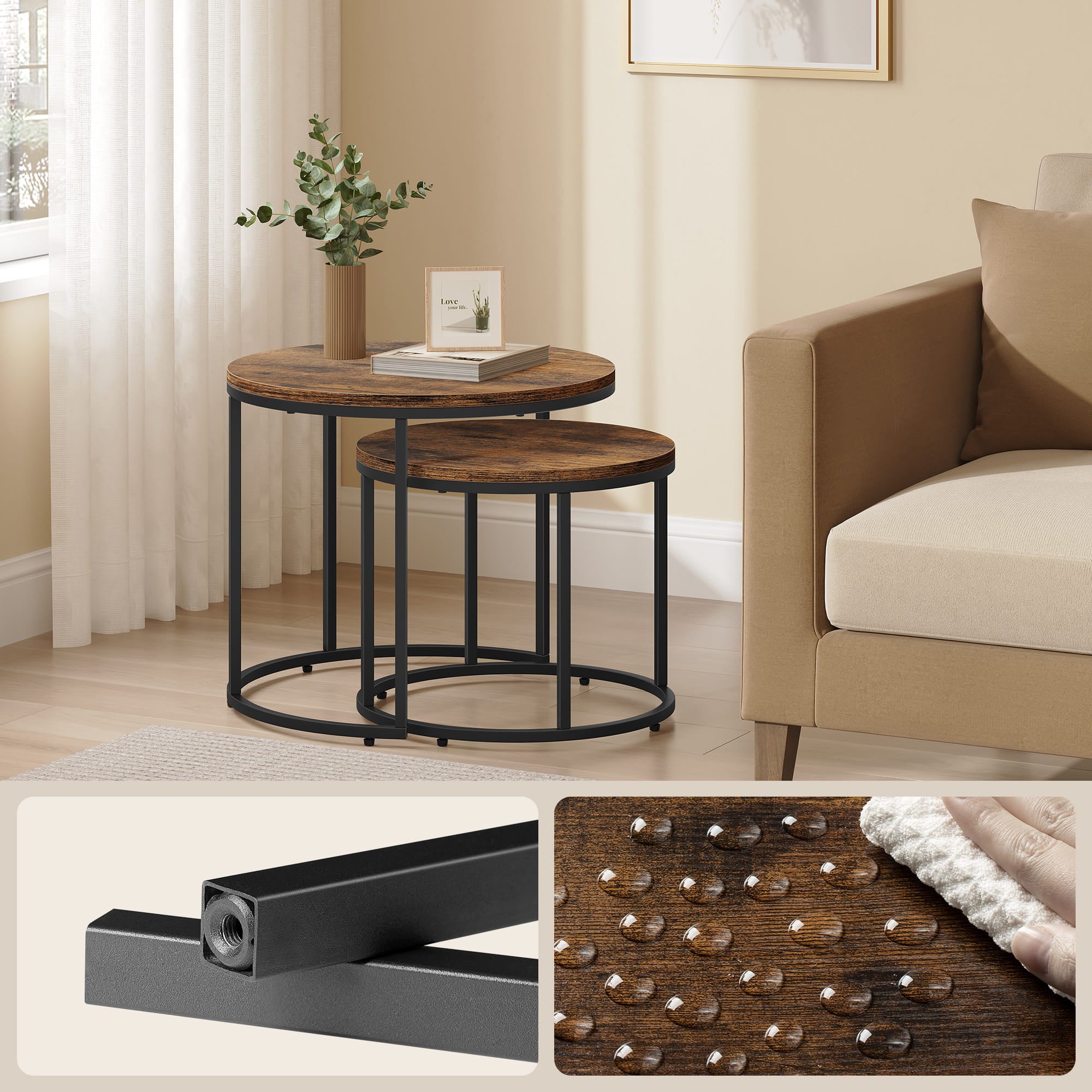 Set di 2 tavolini rotondi Valora | Piano rustico con gambe nere