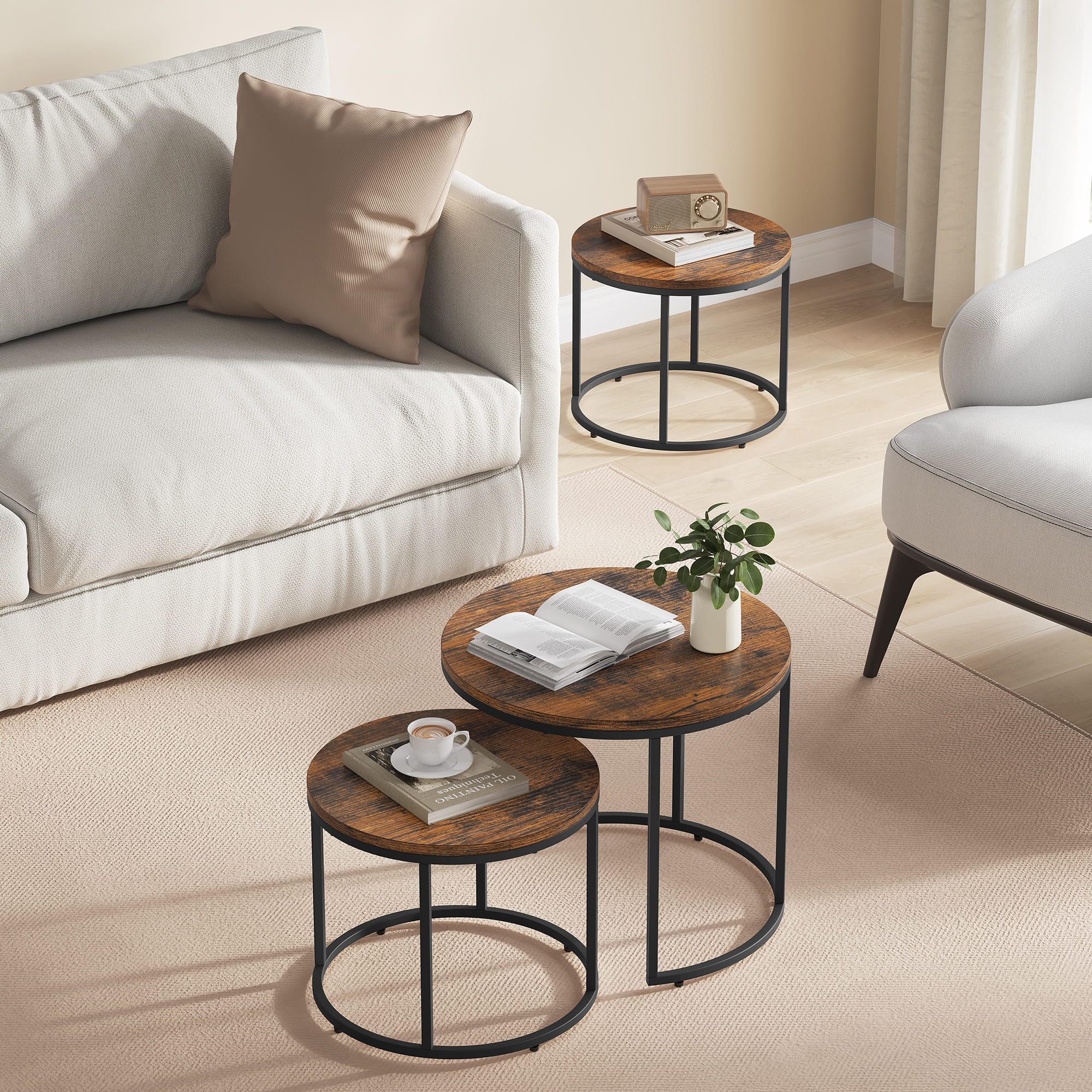 Set di 2 tavolini rotondi Valora | Piano rustico con gambe nere