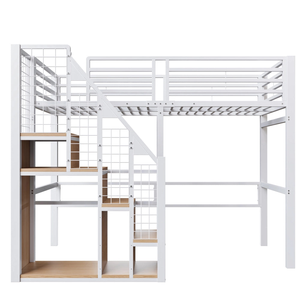 Letto a soppalco 90x200 cm con armadio e scala in MDF e metallo bianco