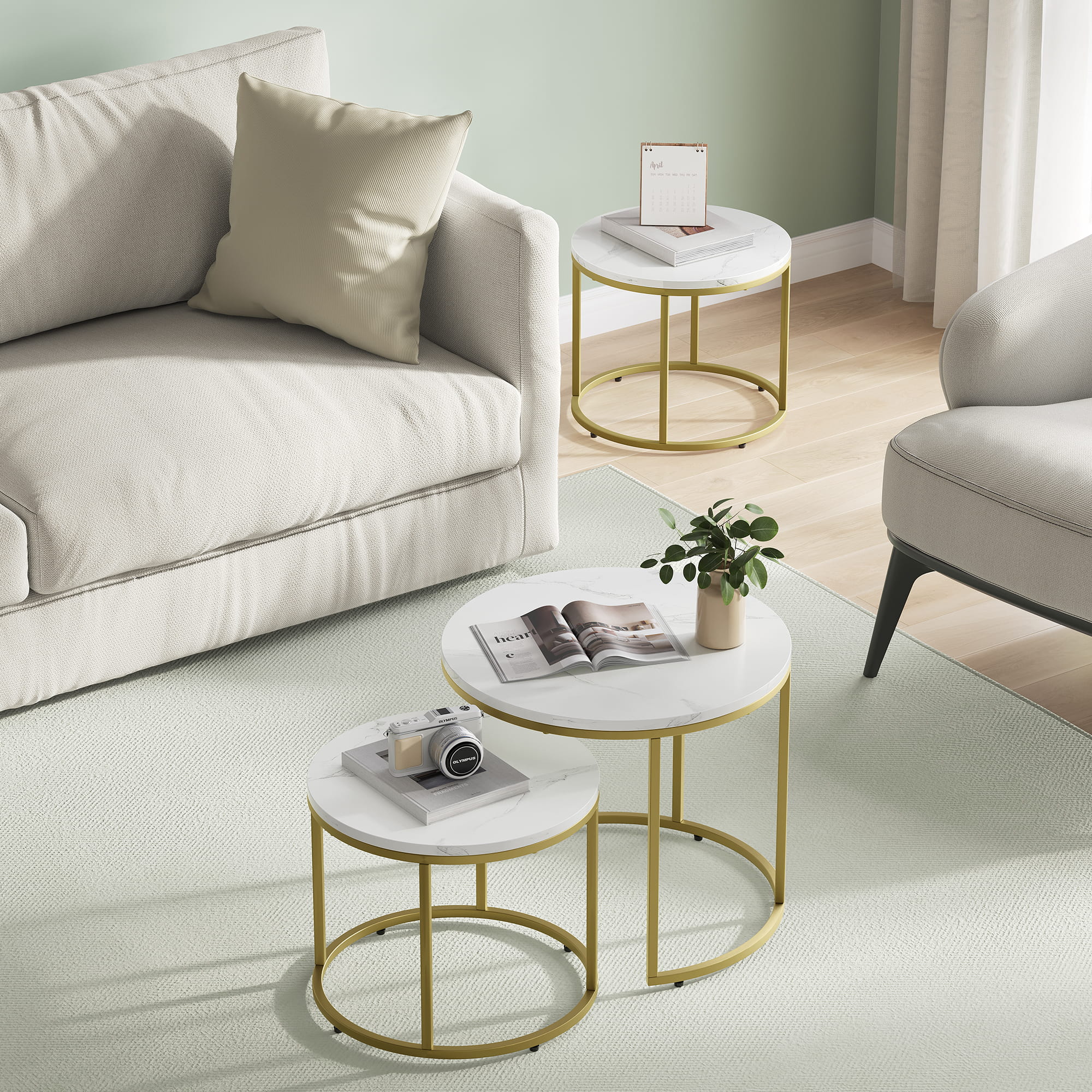 Set di tavolini rotondi VALORA - Piano in marmo con gambe dorate x2