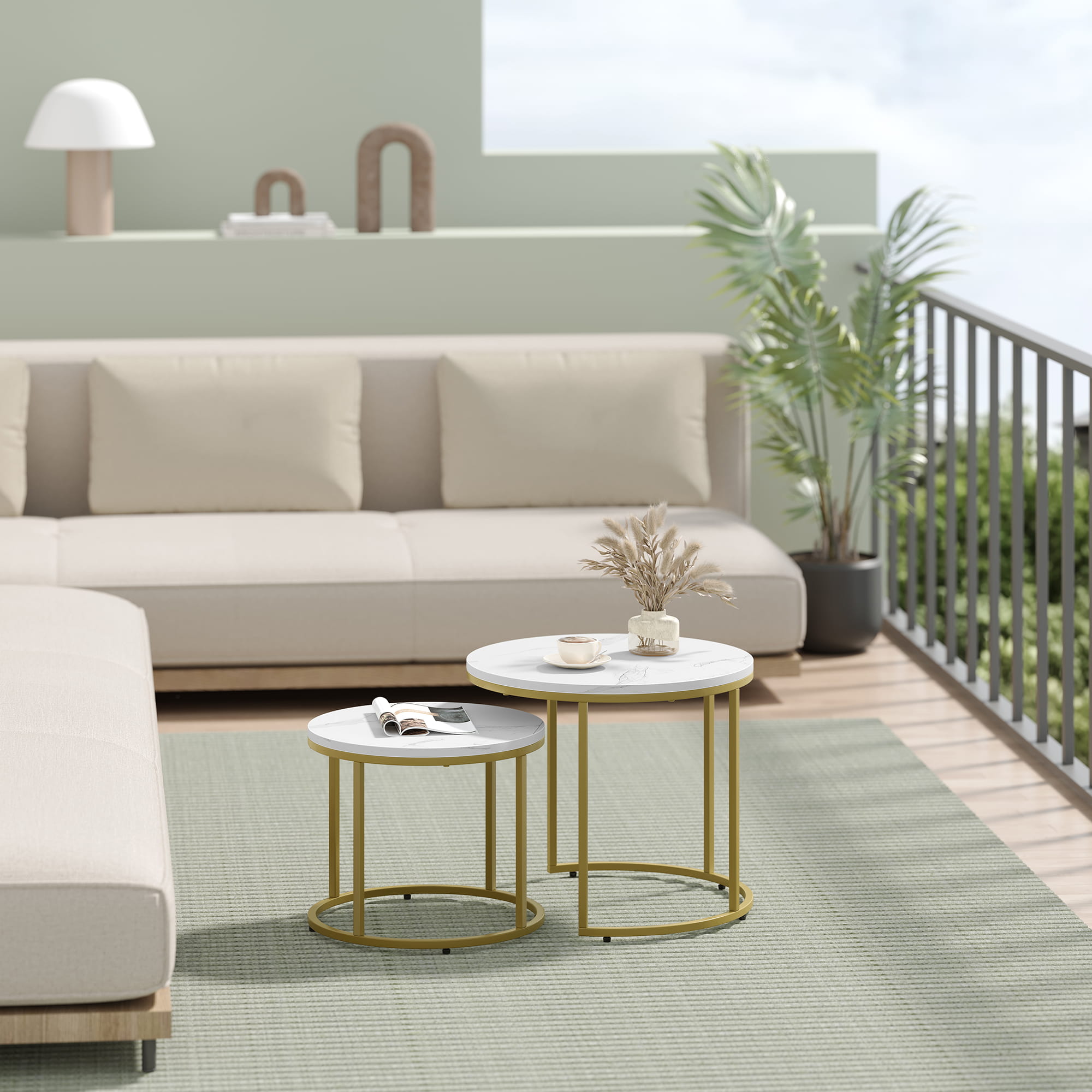 Set di tavolini rotondi VALORA - Piano in marmo con gambe dorate x2