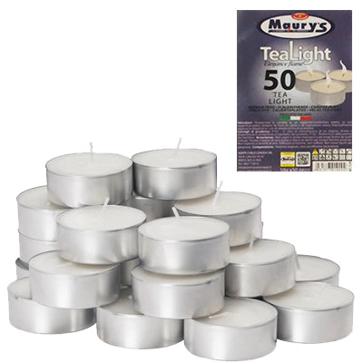 MAURY'S CANDELINE TEA LIGHT 50PZ BIANCHE SENZA PROFUMO BASE IN METALLO