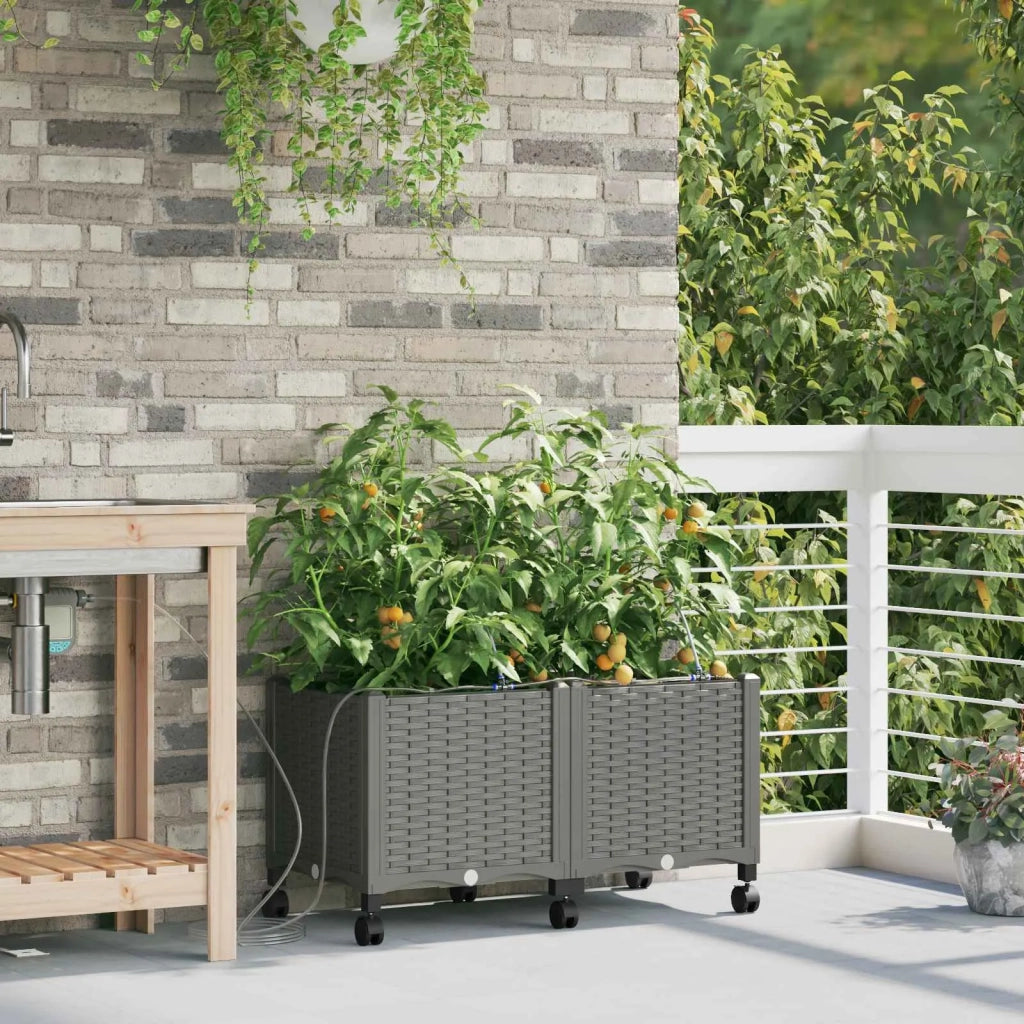 Vaso da Giardino con Irrigazione e Ruote 2 pz Grigio Chiaro PP 3422997