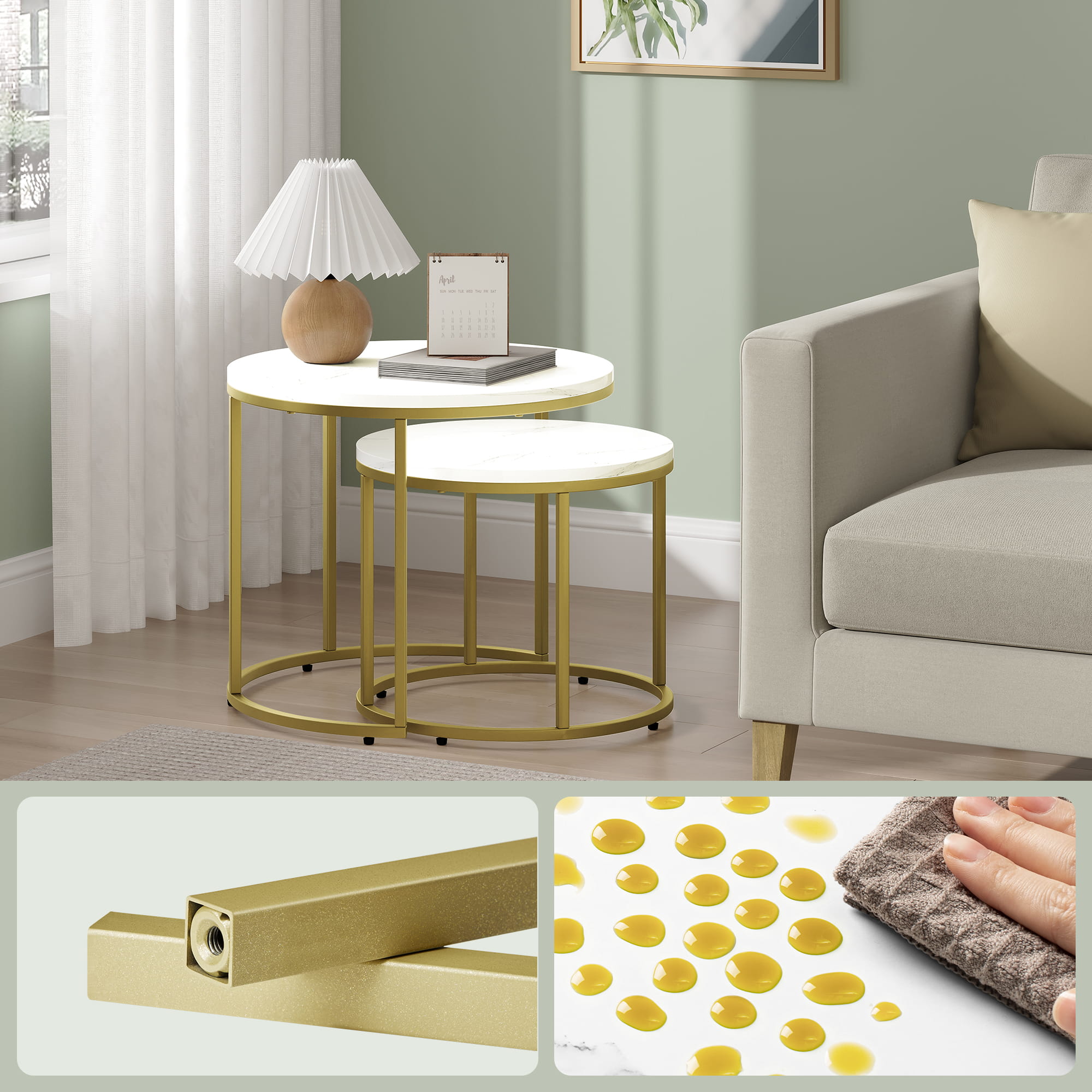 Set di tavolini rotondi VALORA - Piano in marmo con gambe dorate x2