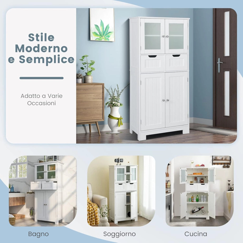 Armadio da Terra con 4 Ante, Mobile da Bagno con 2 Ante in Vetro 2 Cassetti e Ripiani Regolabili, Armadio Multifunzionale per Bagno e Soggiorno (Bianco, 60x30x128cm)