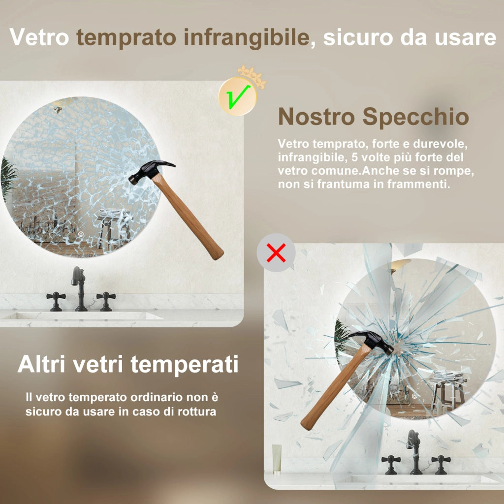 Specchio bagno tondo 70 cm con led. Dimmerabile + Touch Control + Bordo non sabbiato + IP44