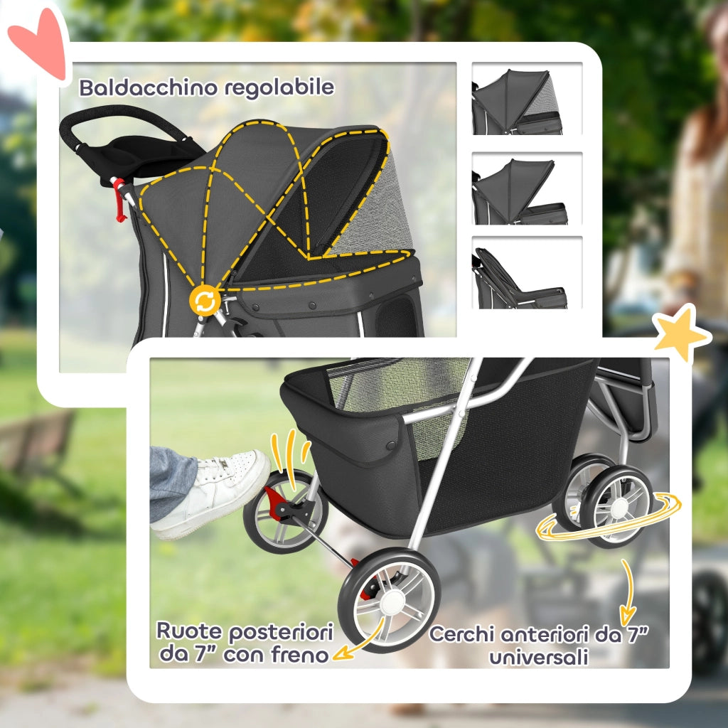 Passeggino per Cani Pieghevole con Portabicchieri e Cestino. 77x44x102 cm. Grigio Carbone