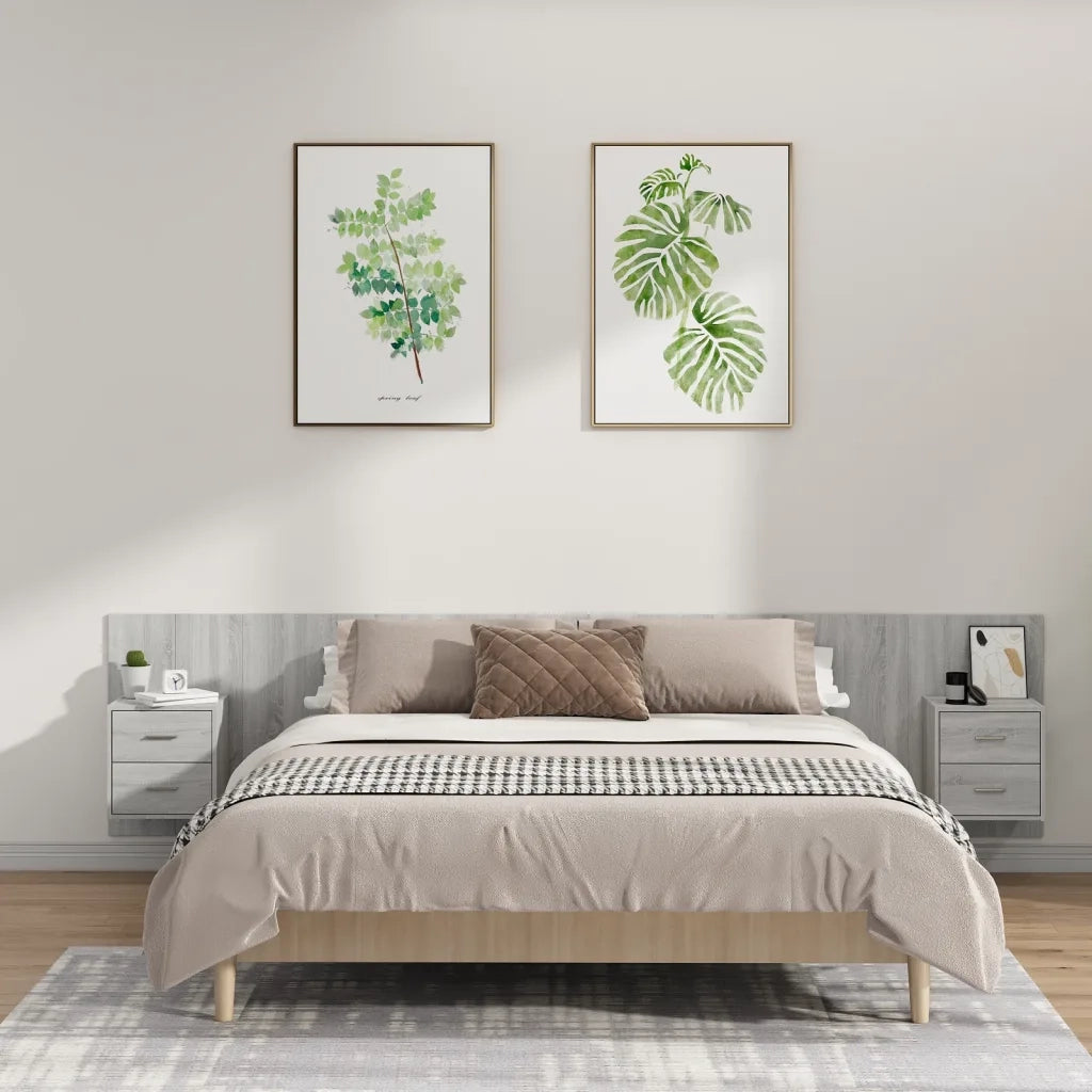 Testiera Letto con Comodini-Testiera con Contenitore in Legno Multistrato Grigio Sonoma 539659
