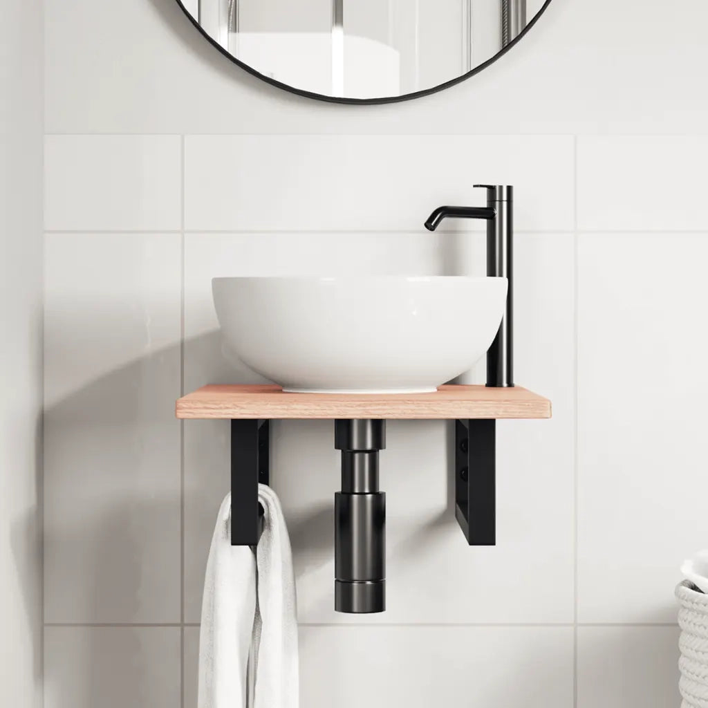 Ripiano a Parete per Lavabo-Mensole a Muro in Acciaio e Massello di Rovere 712585