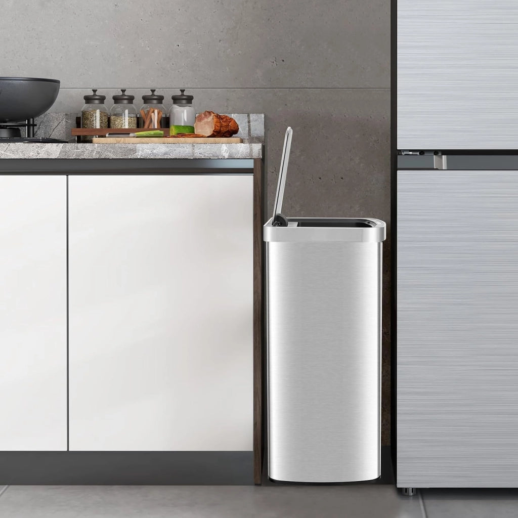 50L Cestino Automatico, Pattumiera Rettangolare con Sensore di Movimento Infrarosso, Coperchio a Chiusura Lento e Scatole di Carbonio Attivo, in Acciaio Inossidabile, 39x29,5x82 cm