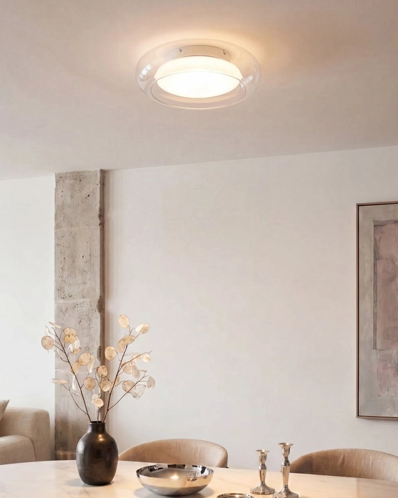 Lampada da soffitto con luci LED integrate, paralume in vetro a forma di anello, base in metallo con dimmer trasparente