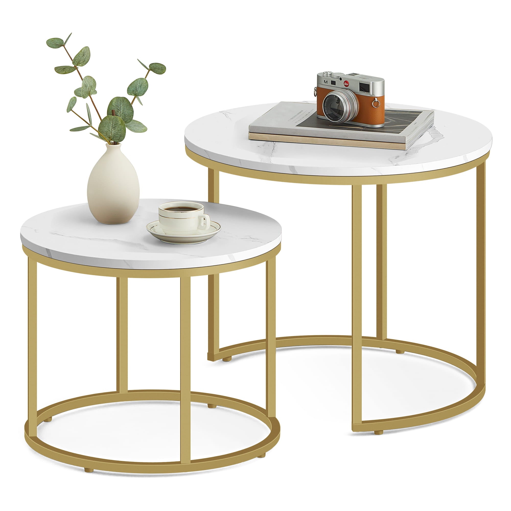 Set di tavolini rotondi VALORA - Piano in marmo con gambe dorate x2