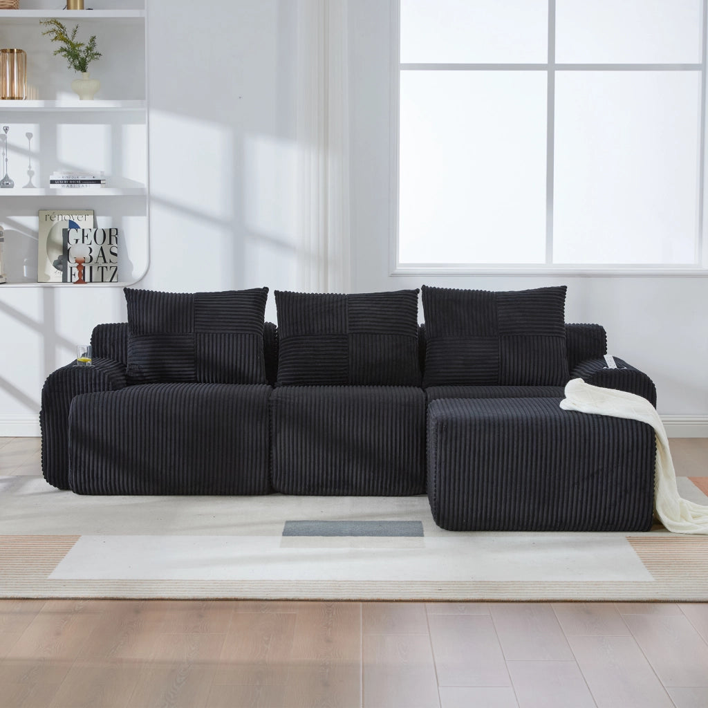Divano modulare 3 posti in corduroy nero con portabicchieri e tasca laterale, 268x174x80 cm