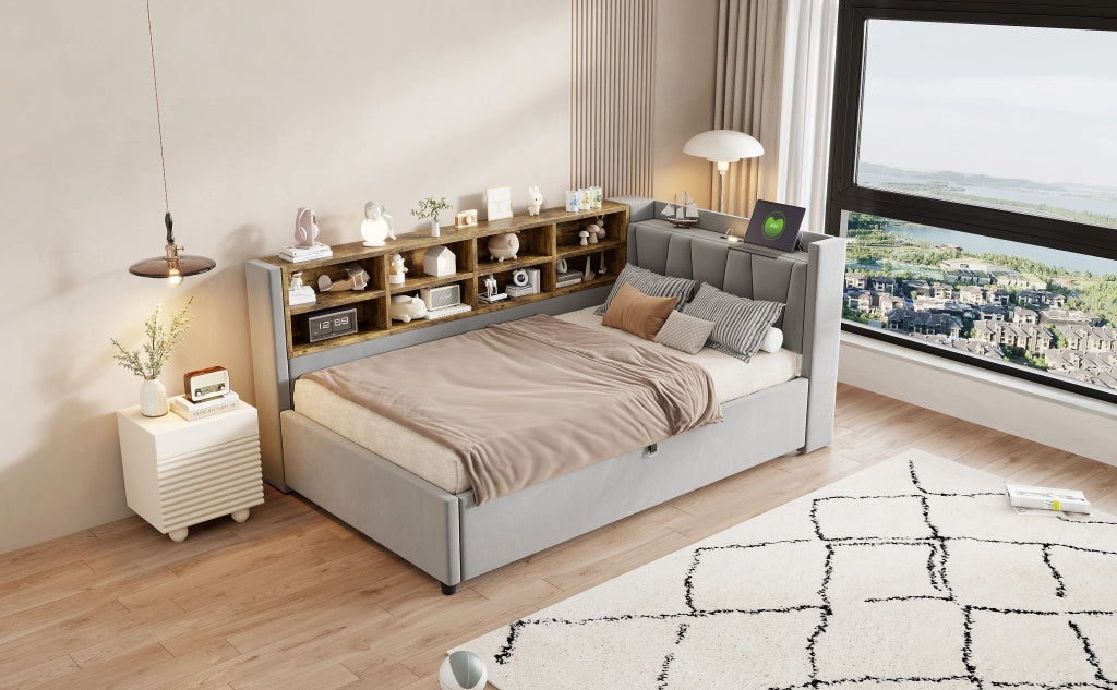 DESMIU Letto divano 90 × 200 cm 1 piazza con contenitore idraulico, luce LED, USB e Type-C, senza materasso, in velluto, grigio