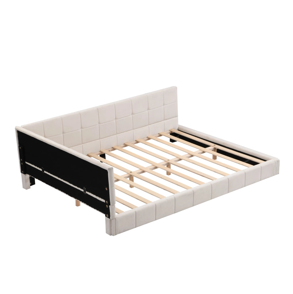 Letto imbottito 140x200 cm beige, tessuto con rete a doghe e 2 colli