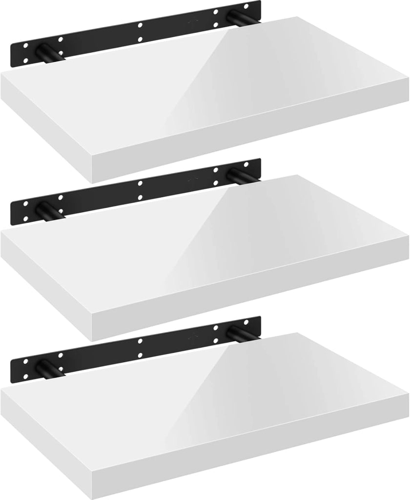 Mensola da Muro, Set di 3, Scaffale Sospeso da Parete Libreria Piccola per Soggiorno Cameretta Porta CD DVD, Pannello MDF 40x22,9x3,8cm, Bianco, RG9476ws-3