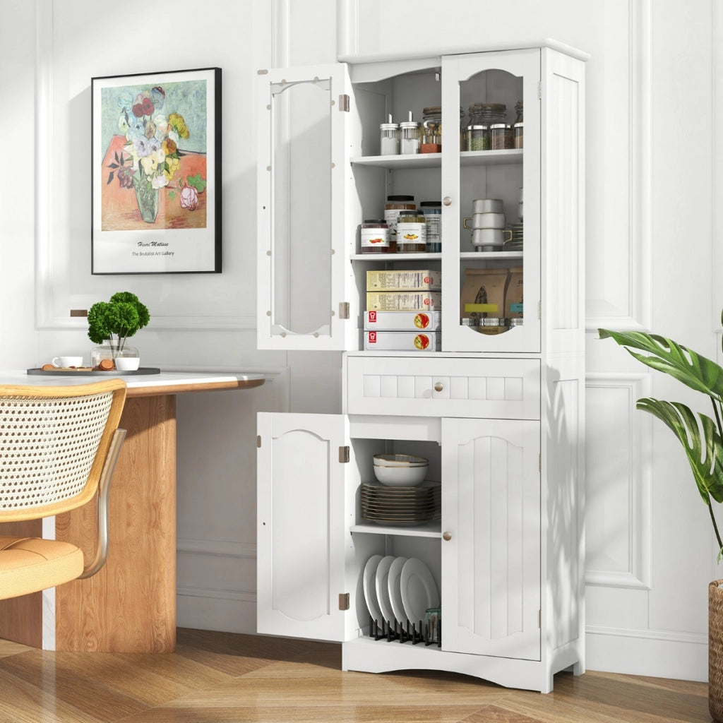 Armadio da bagno alto-Mobiletto da bagno 160cm con 2 porte in vetro 2 ripiani regolabili e 1 cassetto, Mobile autonomo per cucina Bianco