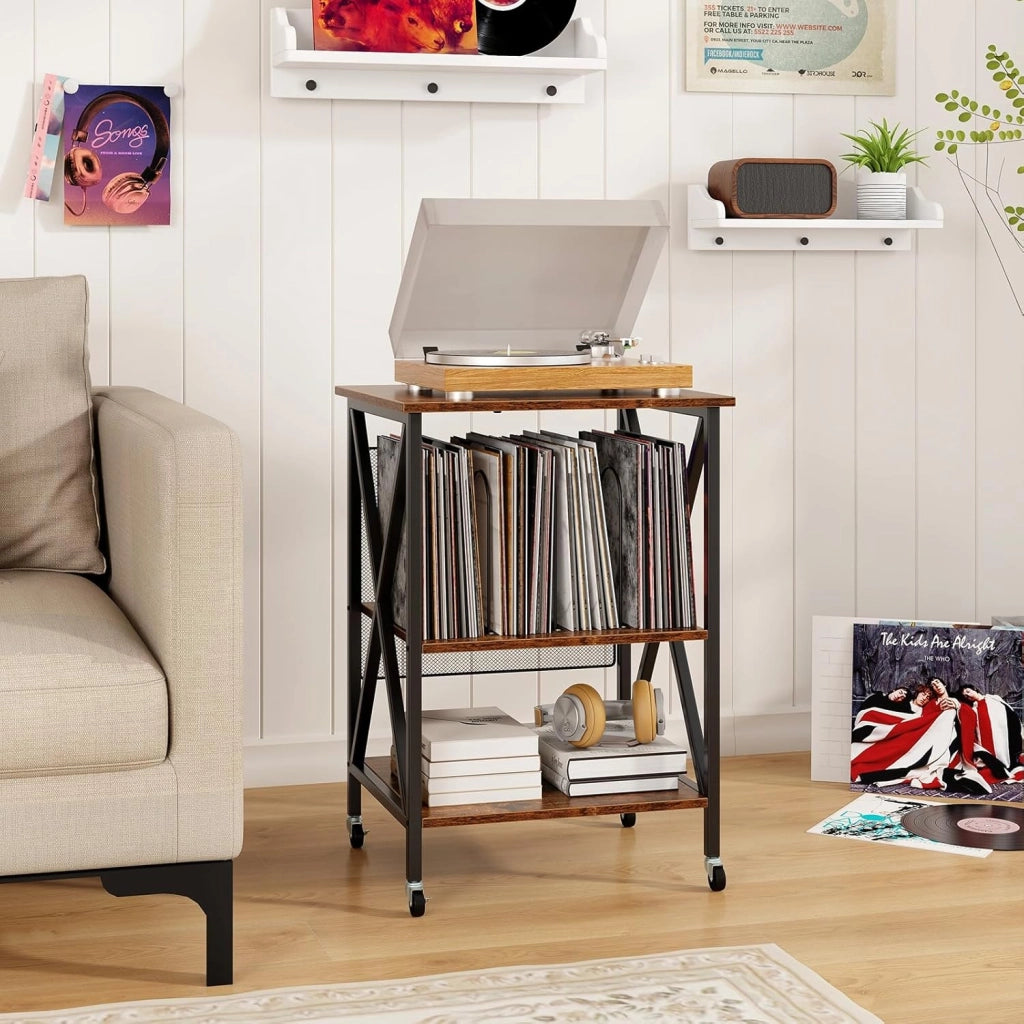 Supporto per Giradischi, Tavolo per Conservare Dischi in Vinile, Tavolo per Giradischi in Stile Mid-Century con Stazione di Ricarica, Ruote Bloccabili per Camera da Letto, Soggiorno (Marrone)