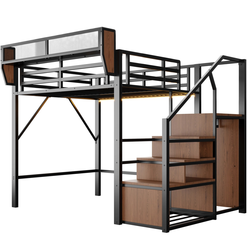 Letto a soppalco 140x200 cm in metallo con LED; scala di sicurezza e ripiani; nero