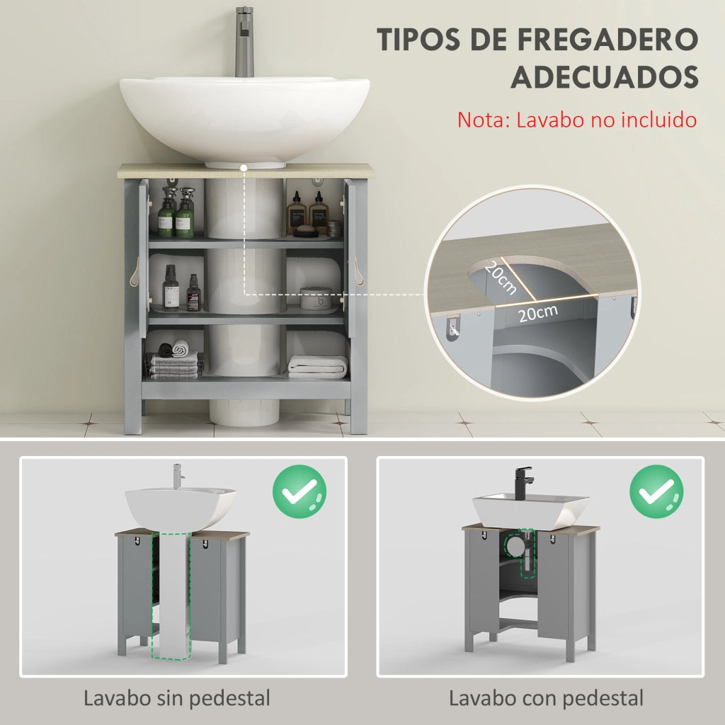 Mobile Bagno Sottolavabo con 2 Ante e Ripiano Regolabile ¨C Zephmum ¨C 60x30x60 cm Grigio