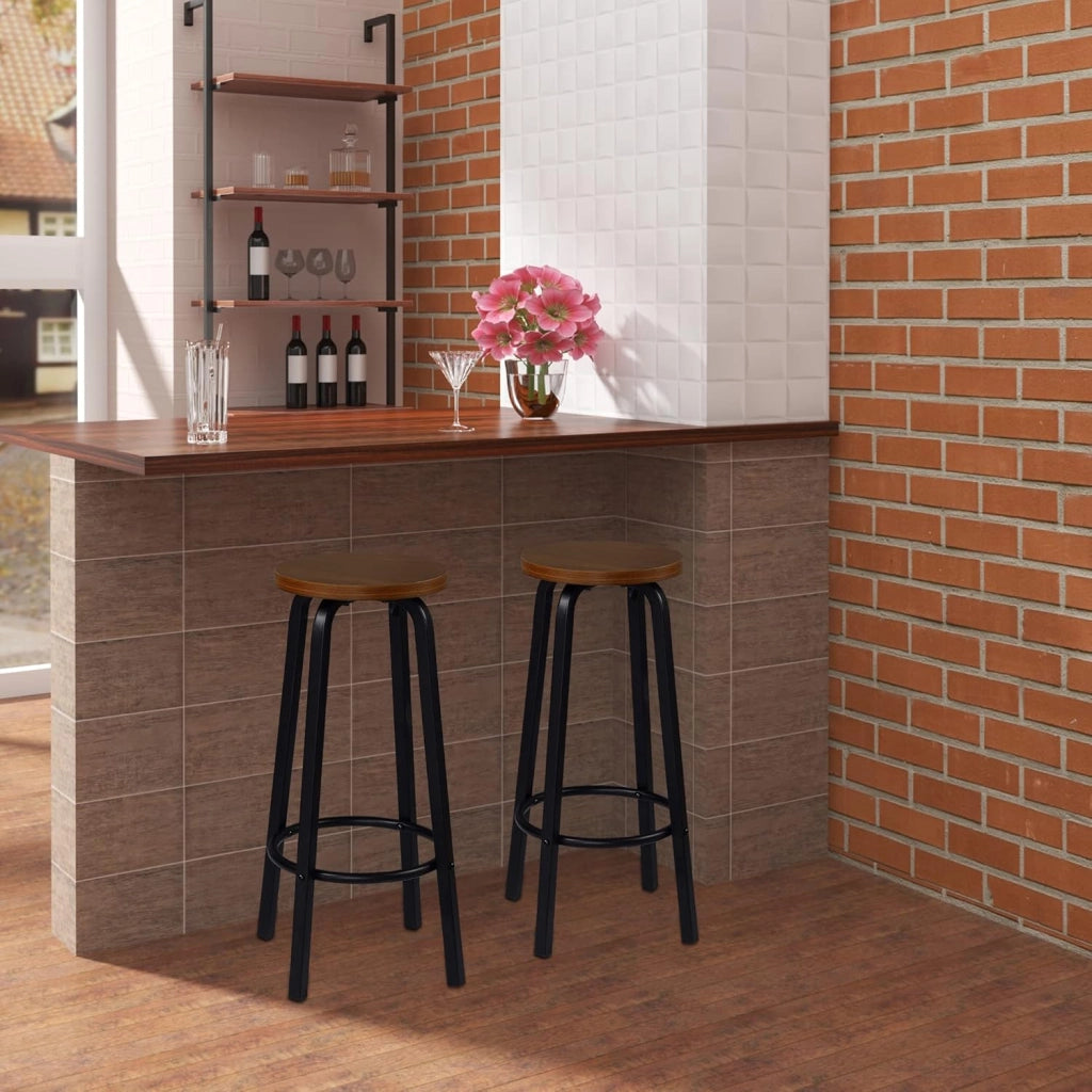 Sgabelli da Bar con Poggiapiedi Seduta Tonda Alta Sedia per Cucina Ristorante in Acciaio e Legno, Set di 4, Faggio scuro, BH237dc-4
