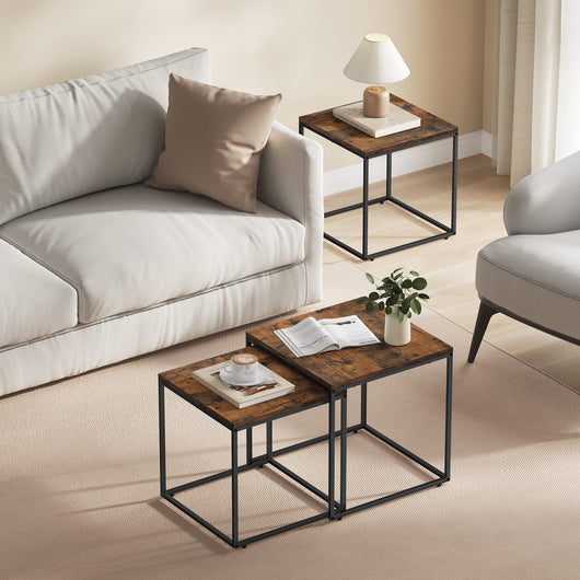Set di 2 tavolini da caffè quadrati Valora | Piano rustico con struttura in acciaio nero