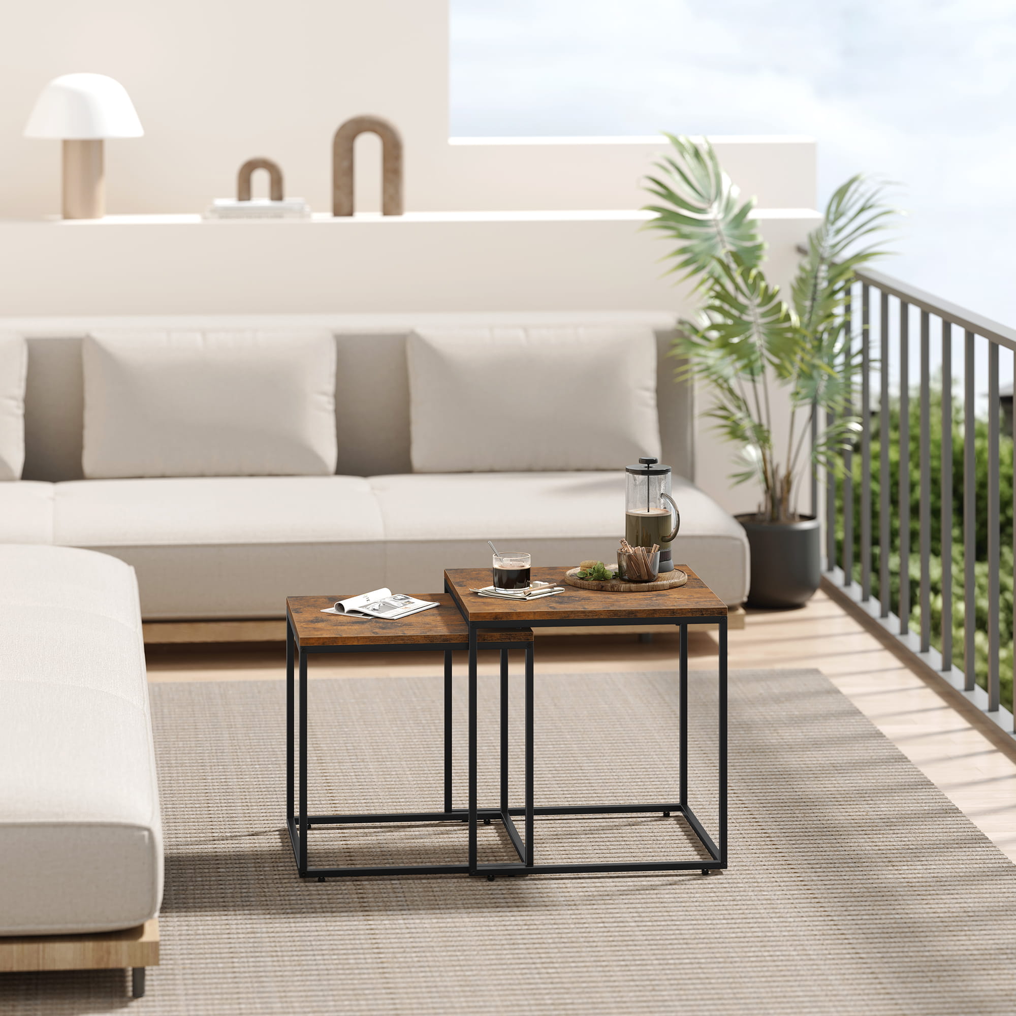 Set di 2 tavolini da caffè quadrati Valora | Piano rustico con struttura in acciaio nero