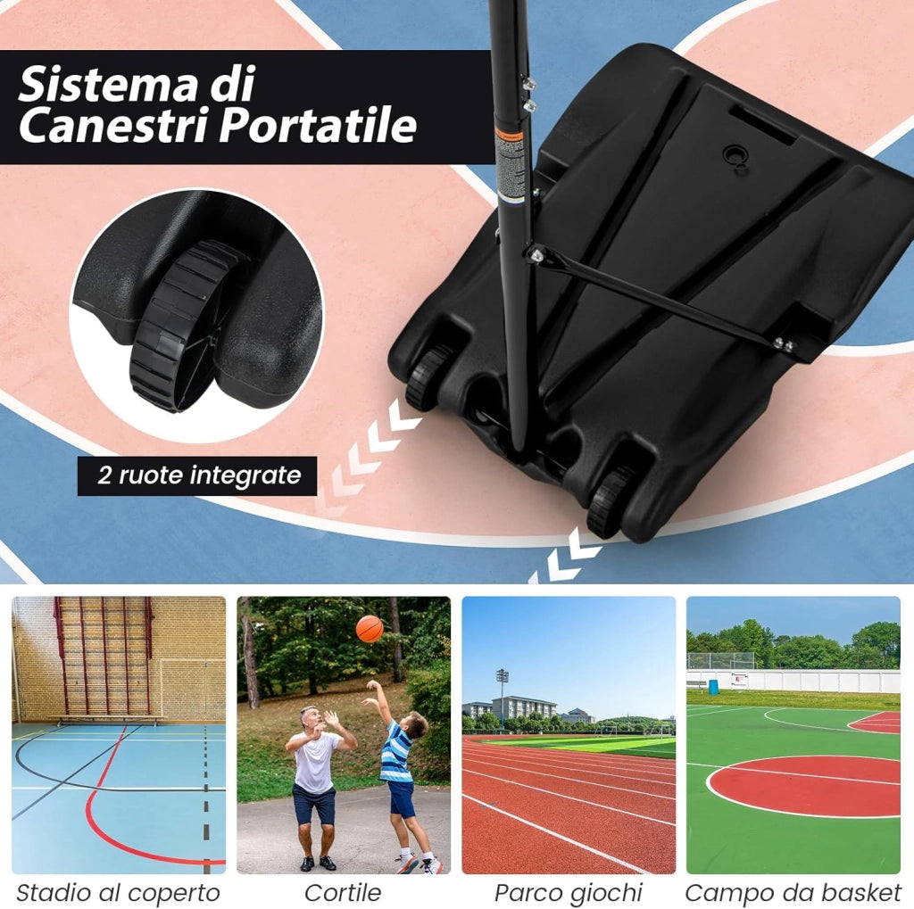 Supporto per Canestro da Basket Portatile e Regolabile in Altezza 206-305cm, Canestro da Basket da Esterno ed Interno con Base Riempibile e 2 Ruote Scorrevoli