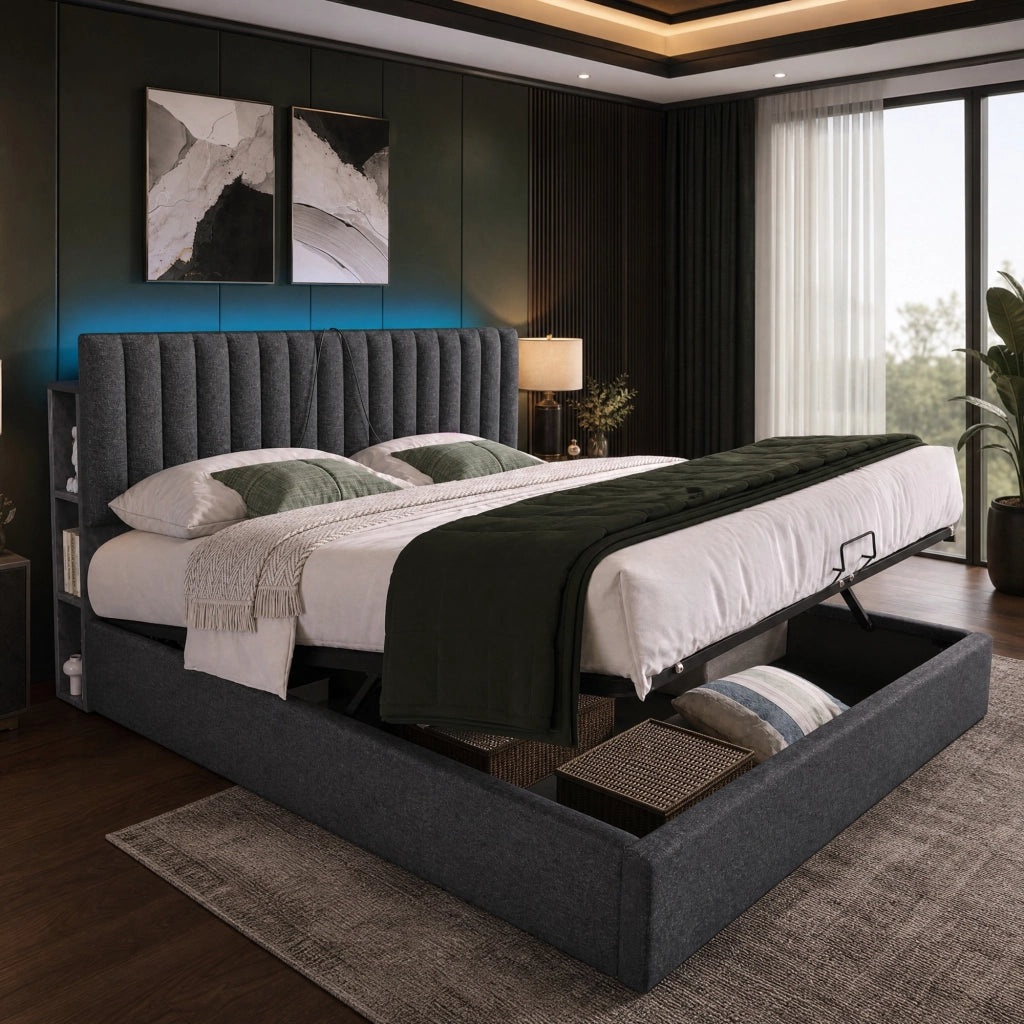 LETTO CONTENITORE 140x200 cm Grigio in Lino con testiera LED e porte USB