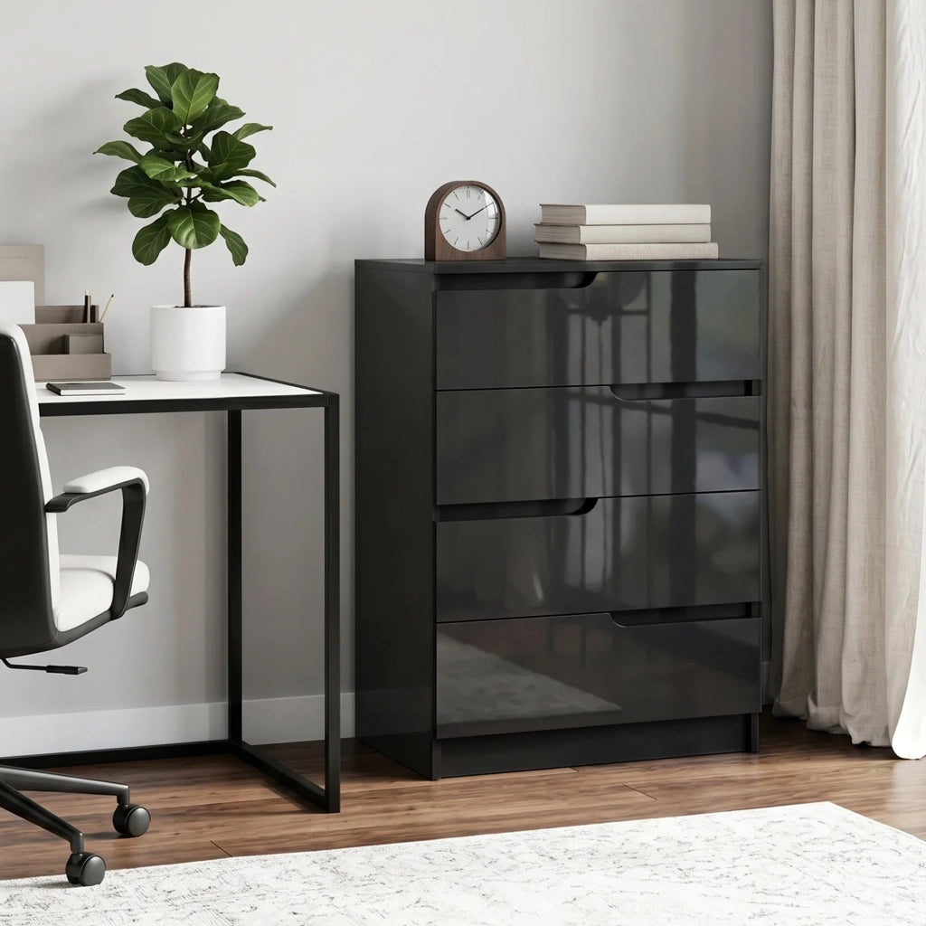 Cassettiera 60x40x85 cm 4 Cassetti Moderna e Minimal in Legno Nero Lucido