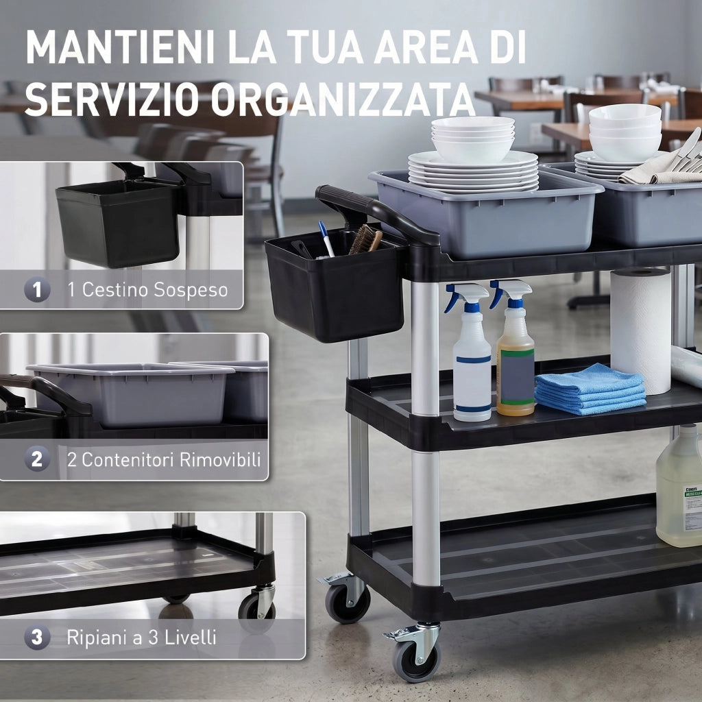 Carrello Pulizie Professionale a 3 Ripiani con 2 Contenitori Rimovibili. Bidone Laterale e 4 Ruote. Nero