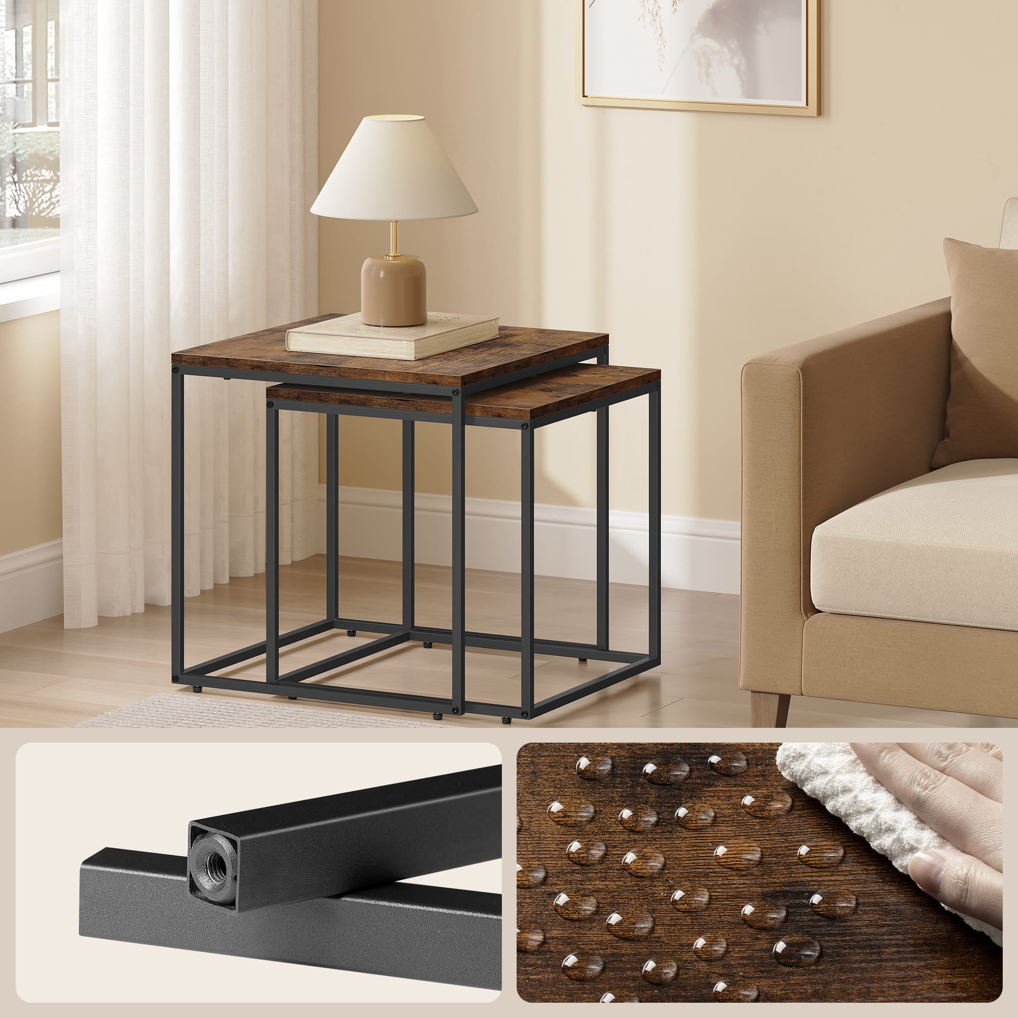 Set di 2 tavolini da caffè quadrati Valora | Piano rustico con struttura in acciaio nero
