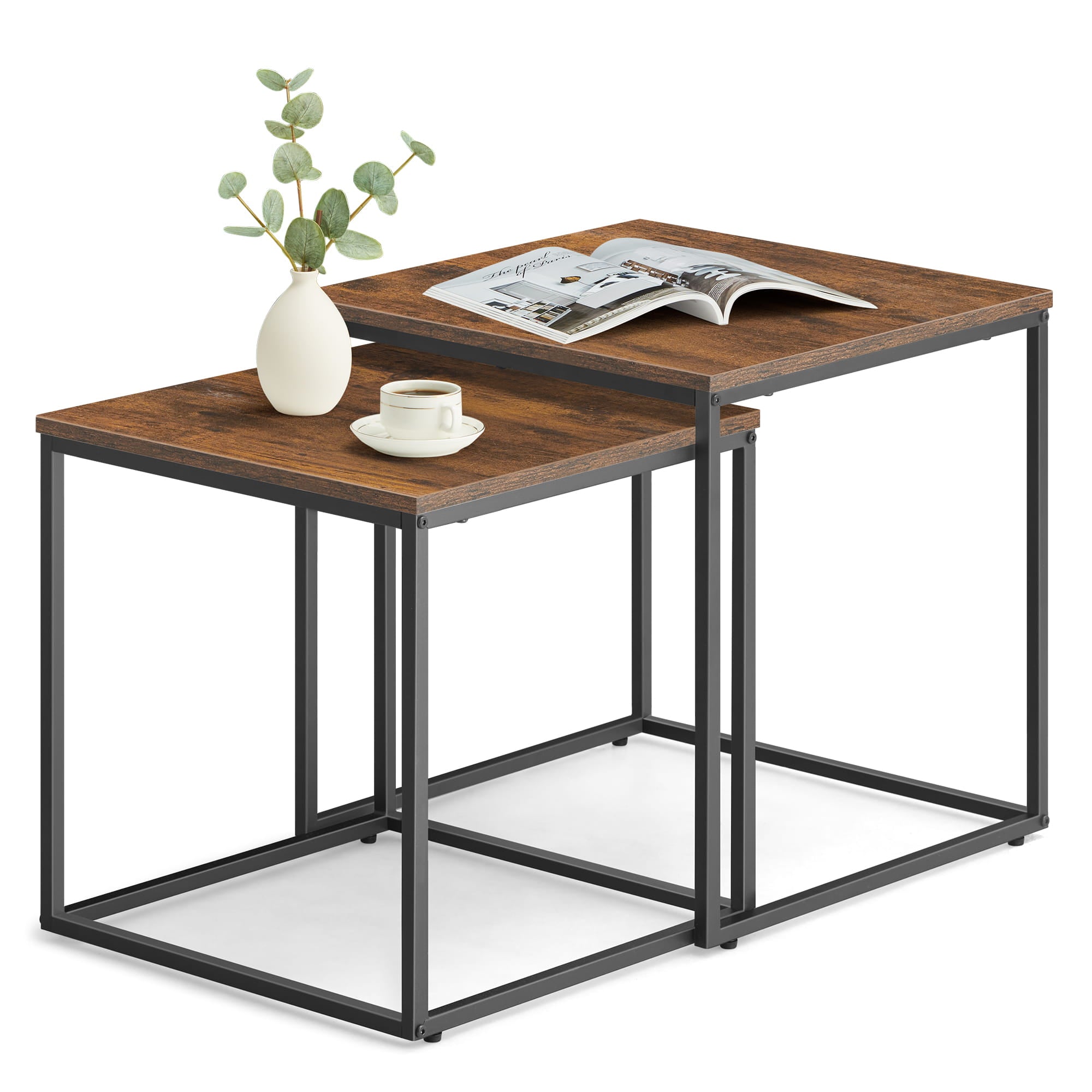 Set di 2 tavolini da caffè quadrati Valora | Piano rustico con struttura in acciaio nero