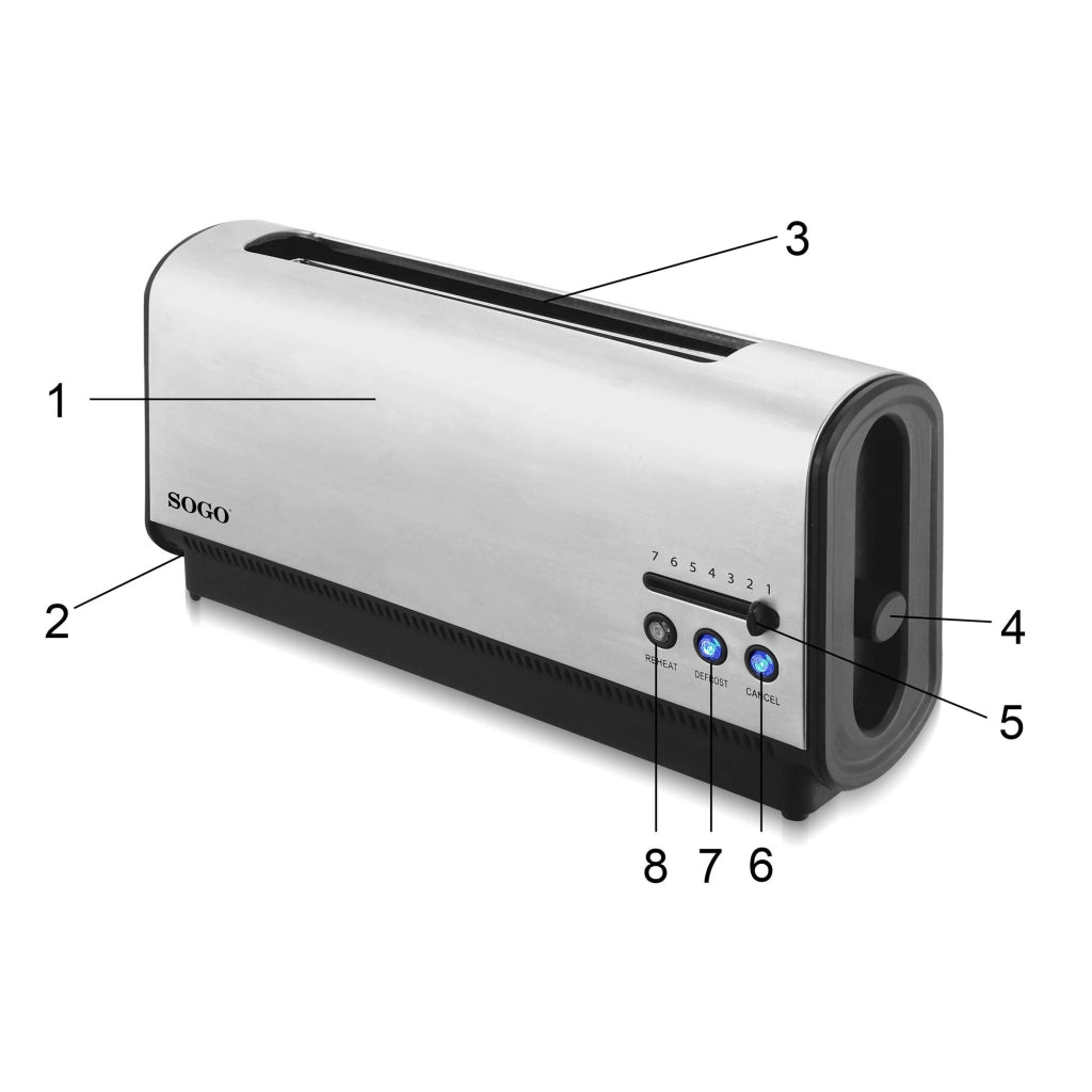 Tostapane elettrico con fessura lunga, 2 fette, controllo temperatura elettronico 7 livelli, 900W acciaio inox - SOGO
