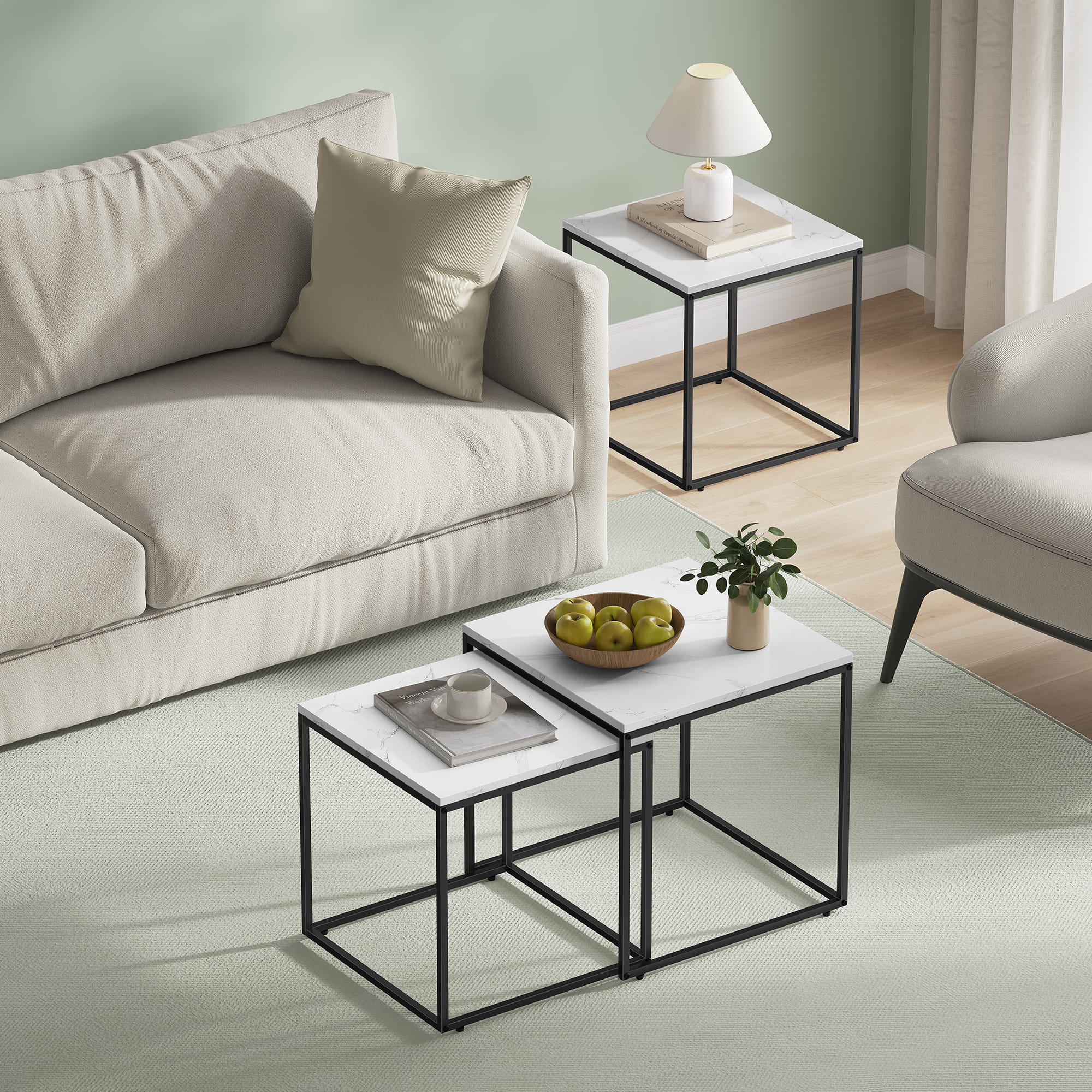 Tavolino da caffè quadrato Valora, set da 2 | Piano in marmo con struttura in acciaio nero