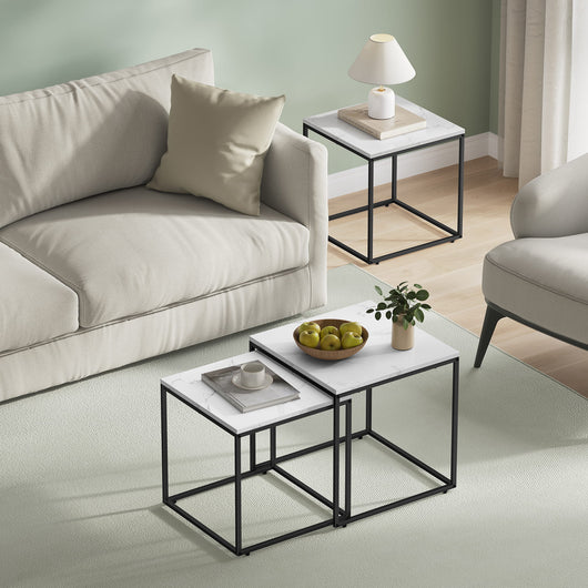 Tavolino da caffè quadrato Valora, set da 2 | Piano in marmo con struttura in acciaio nero