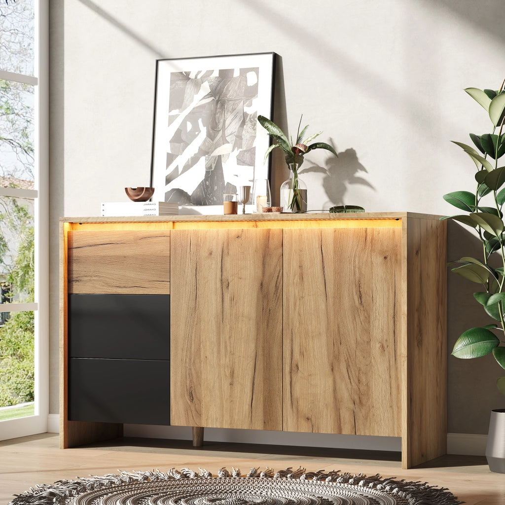 Credenza con Cassetti e Ante LED ¨C Xylo ¨C Legno e Nero 120x76x40 cm