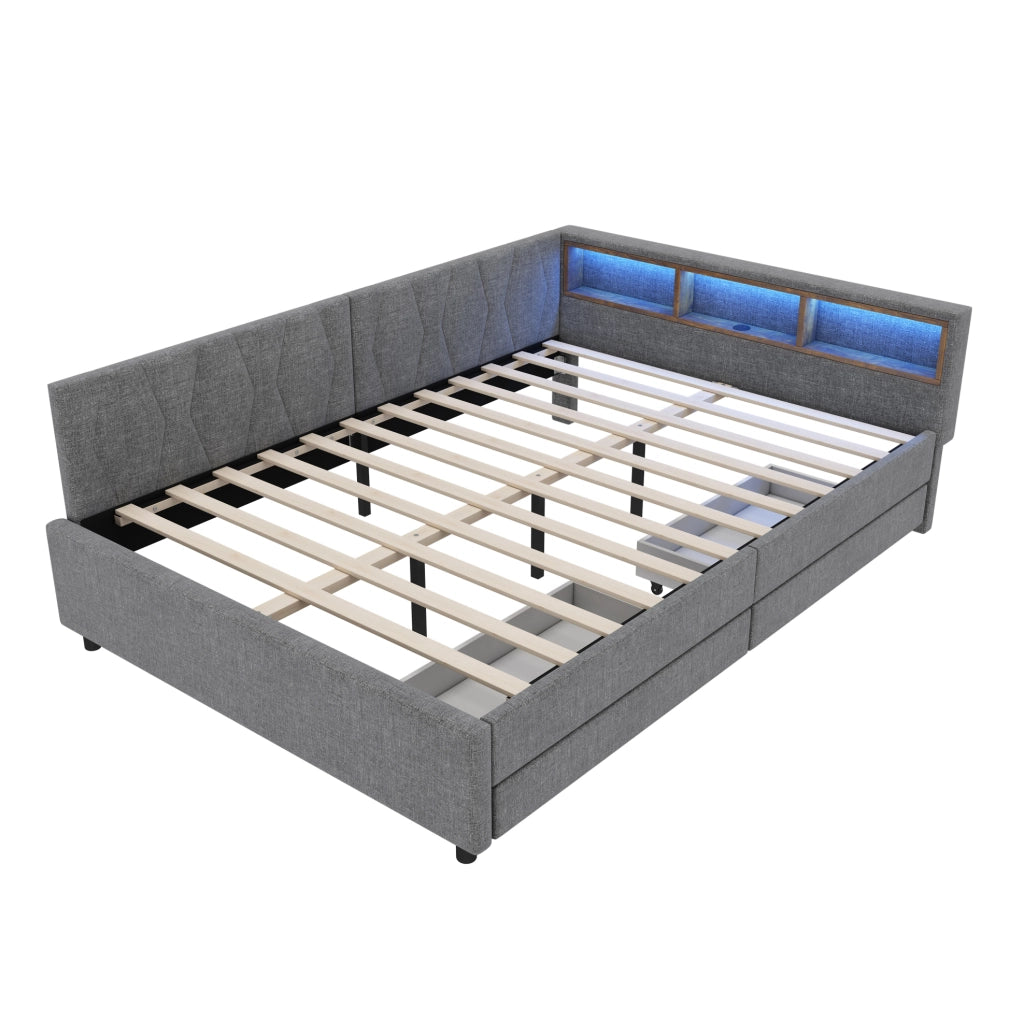 Letto 140x200 cm con LED; USB+Type C e cassetti in lino grigio