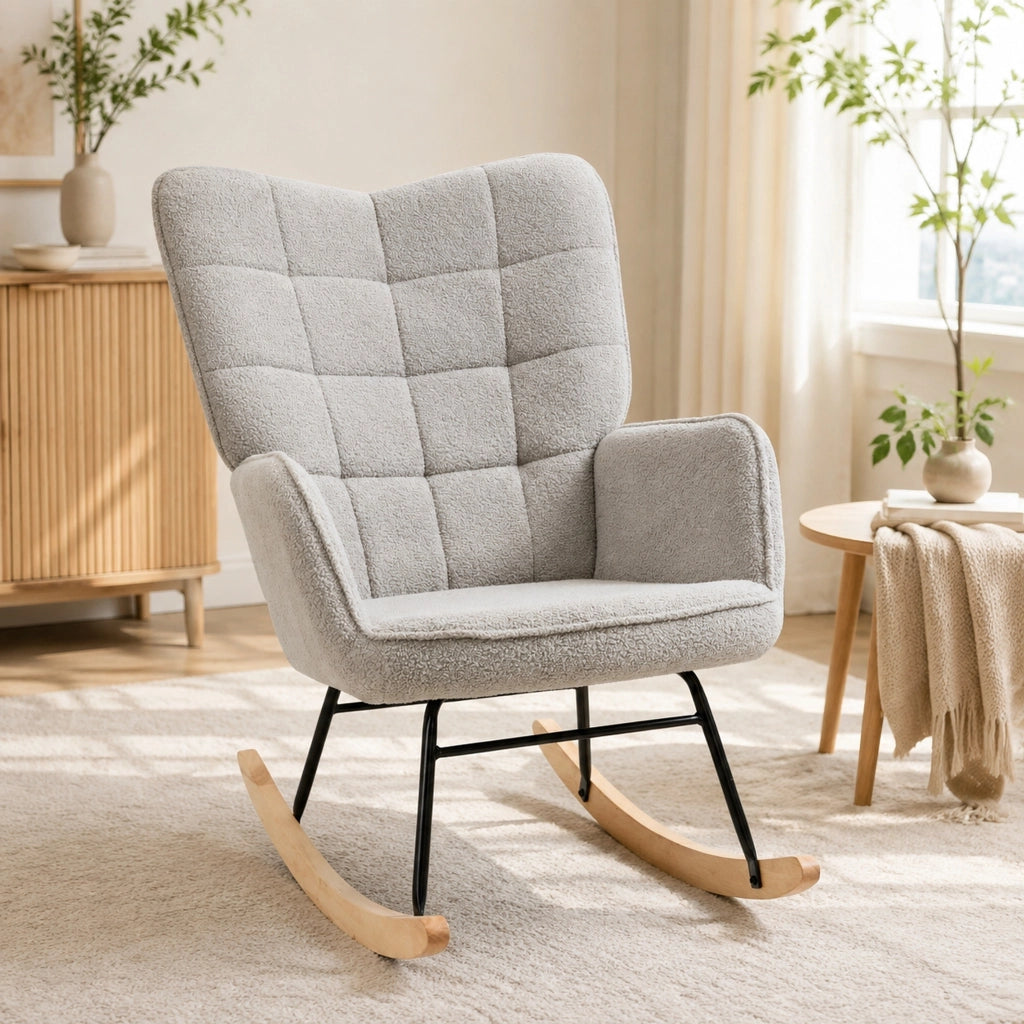Poltrona a dondolo 71x92x101 cm con schienale alto; imbottita in poliestere grigio chiaro