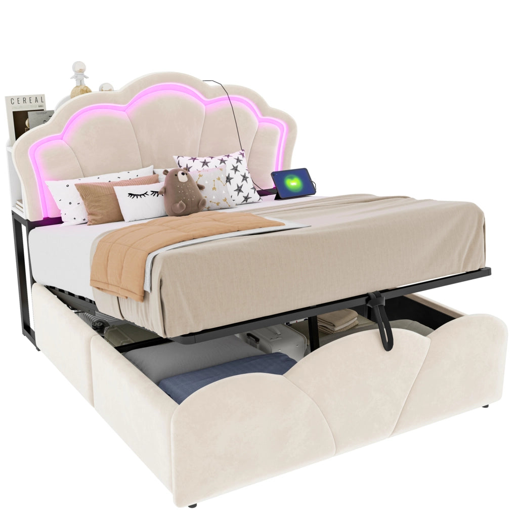 Letto imbottito ULEVR 140x200 cm con contenitore idraulico, LED, prese integrate e vani testiera, beige