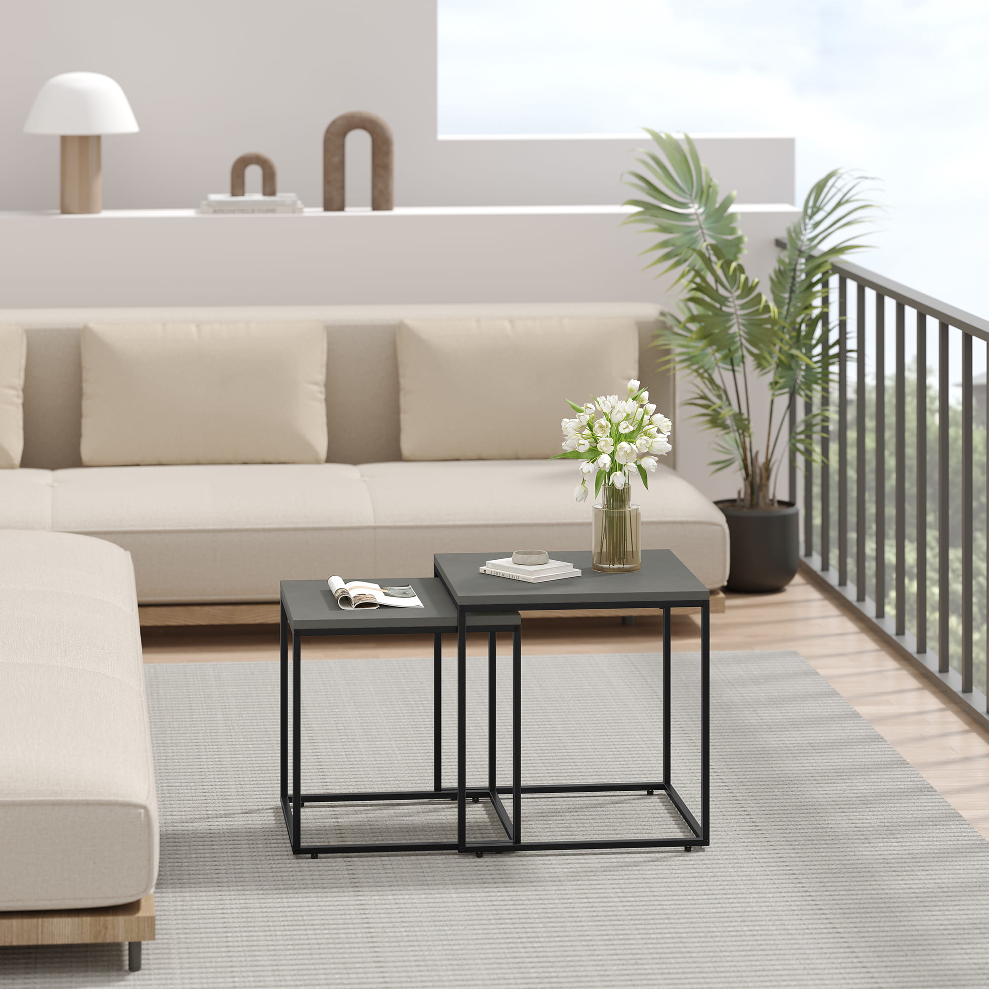 Set di 2 tavolini da caffè quadrati Valora | Piano in cemento con struttura in acciaio nero