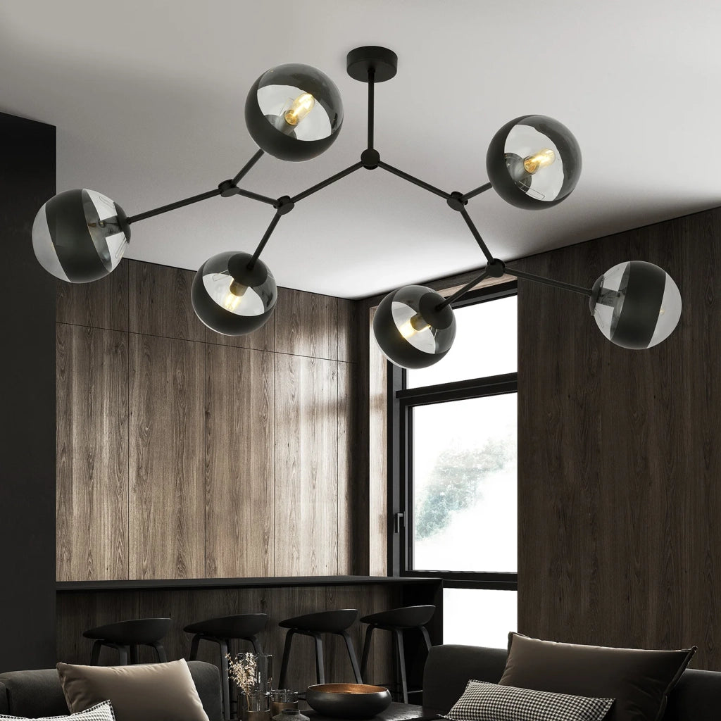 Plafoniera Minimal Iperione Acciaio Nero 6 Luci E14 Ip20