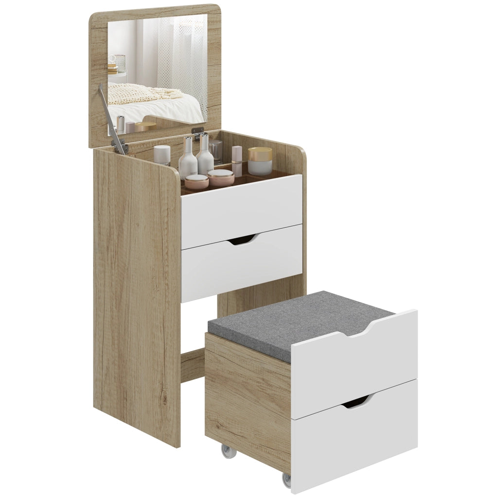 Coiffeuse avec Miroir et Tabouret 3 en 1 2 tiroirs Chêne et Blanc
