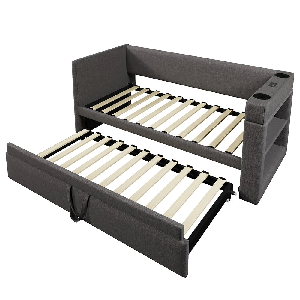 Divano letto-Xylo-90x190 cm-ribaltabile, USB-C, portabicchieri, misto lino, grigio