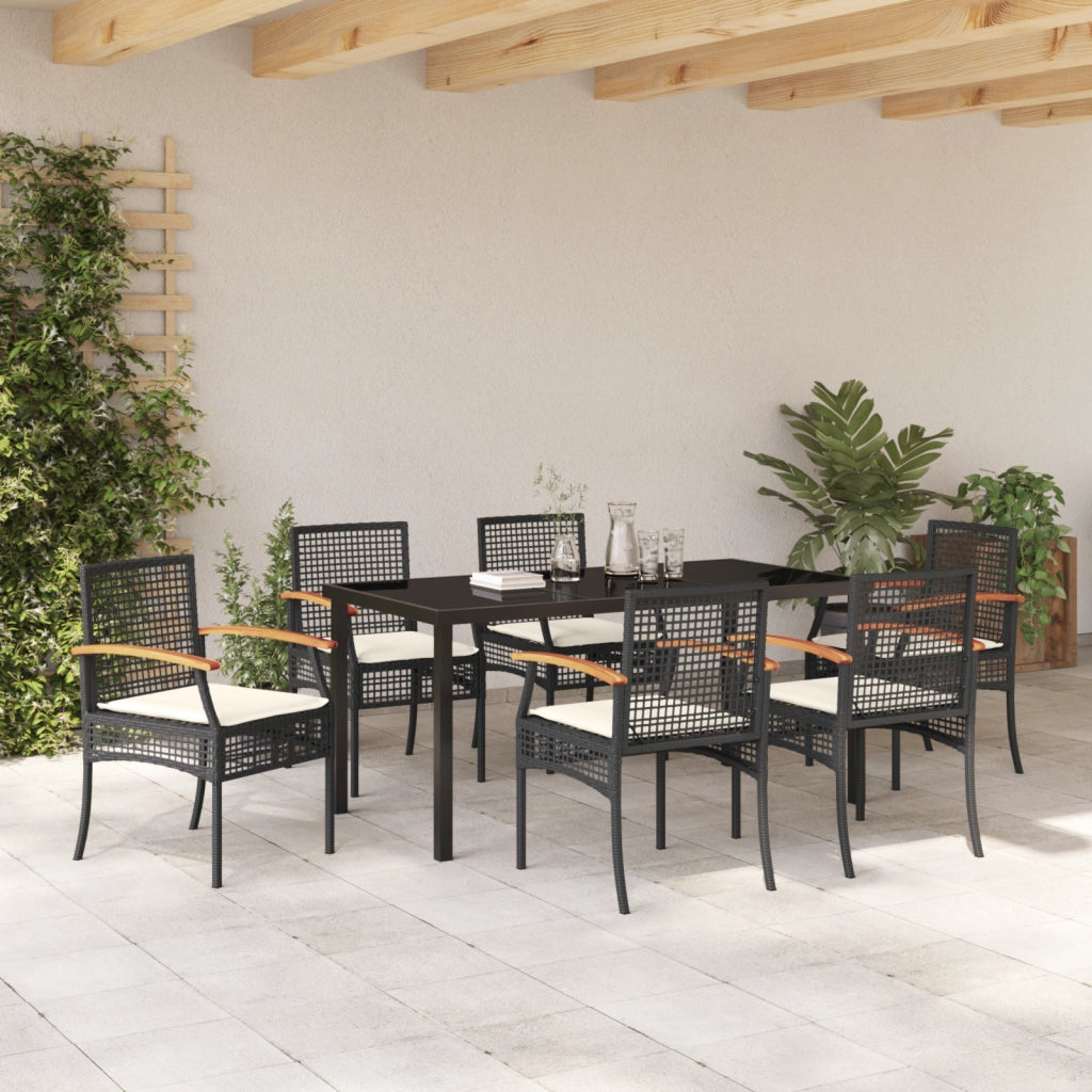 Set da Pranzo da Giardino 7 Pezzi con Cuscini Nero Polyrattan