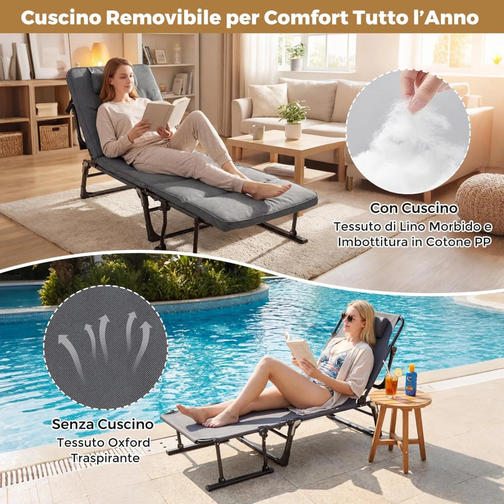 Sedia a Sdraio Pieghevole, con Schienale Reclinabile 6 Posizioni, Poggiatesta, Lettino da Esterno con Struttura in Metallo per Giardino, Cortile, Portata 200 kg