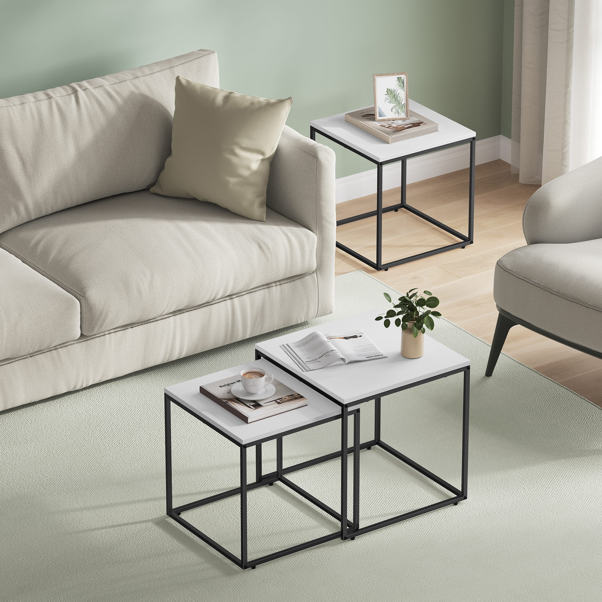 Set di 2 tavolini da caffè quadrati Valora | Piano bianco con struttura in acciaio nero