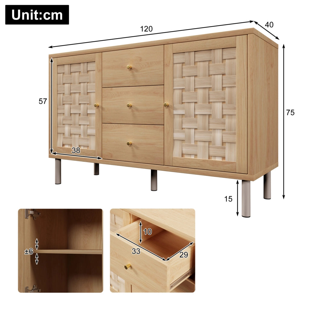 Credenza 120x40x75 cm con 2 ante; 3 cassetti e ripiani regolabili in legno naturale
